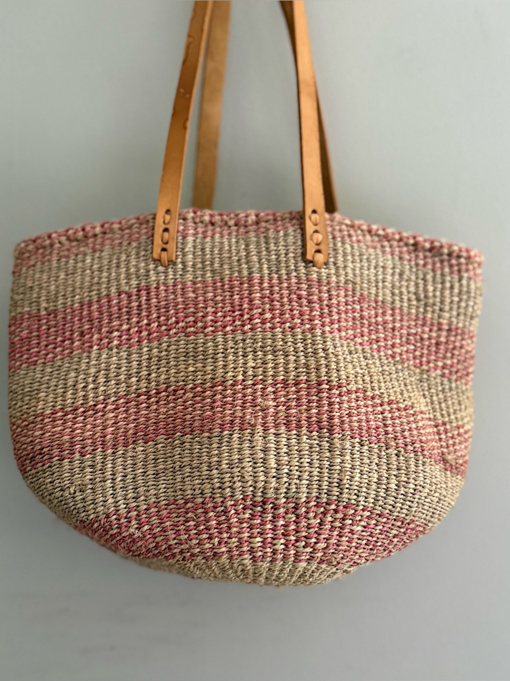 Vintage Woven Sisal Tote Bag with Stripes - Picture 2 of 9